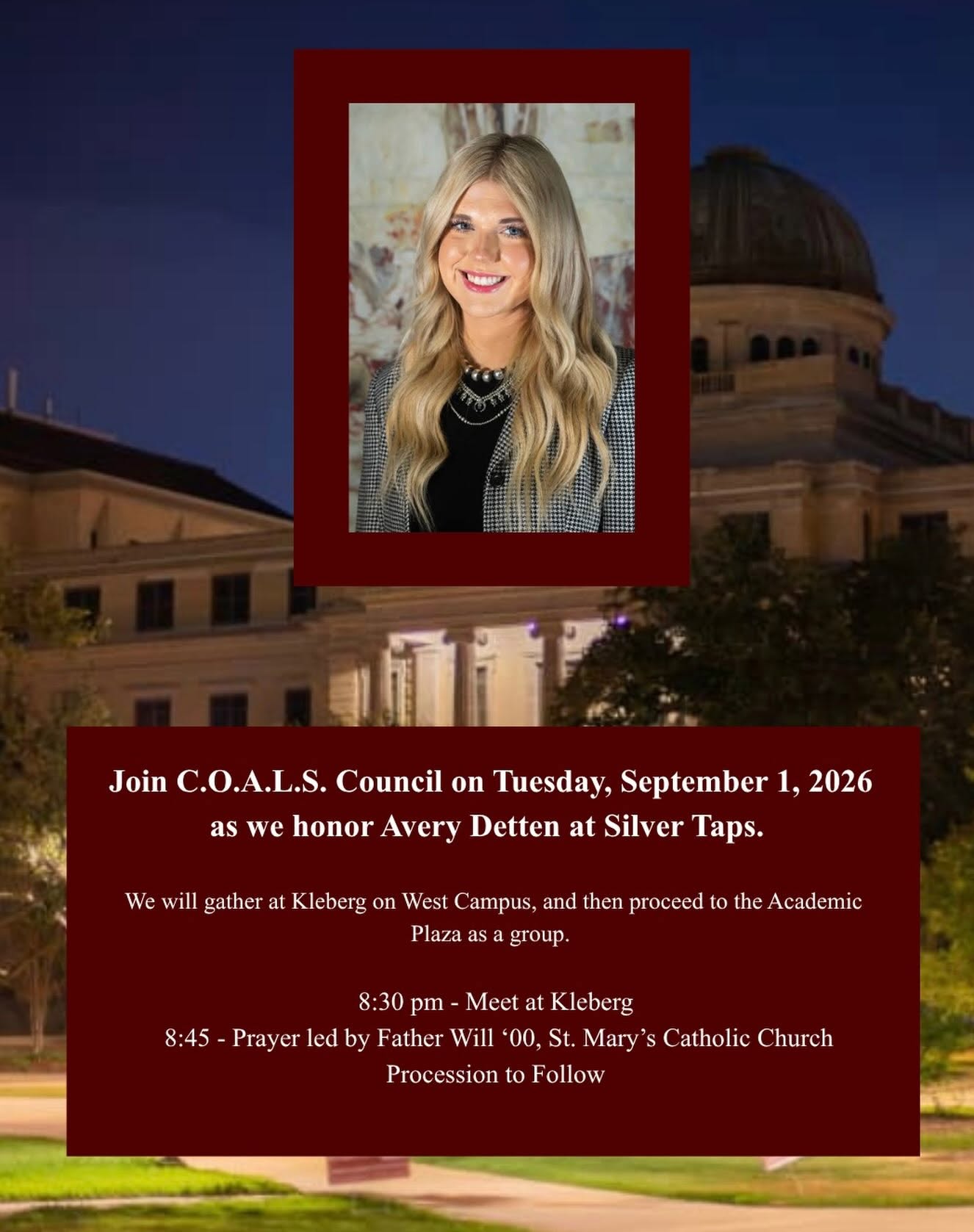 Avery Detten Car Accident, Hereford Texas, Death: Texas A&M Community Invited To Honor Avery Detten At Silver Taps Ceremony